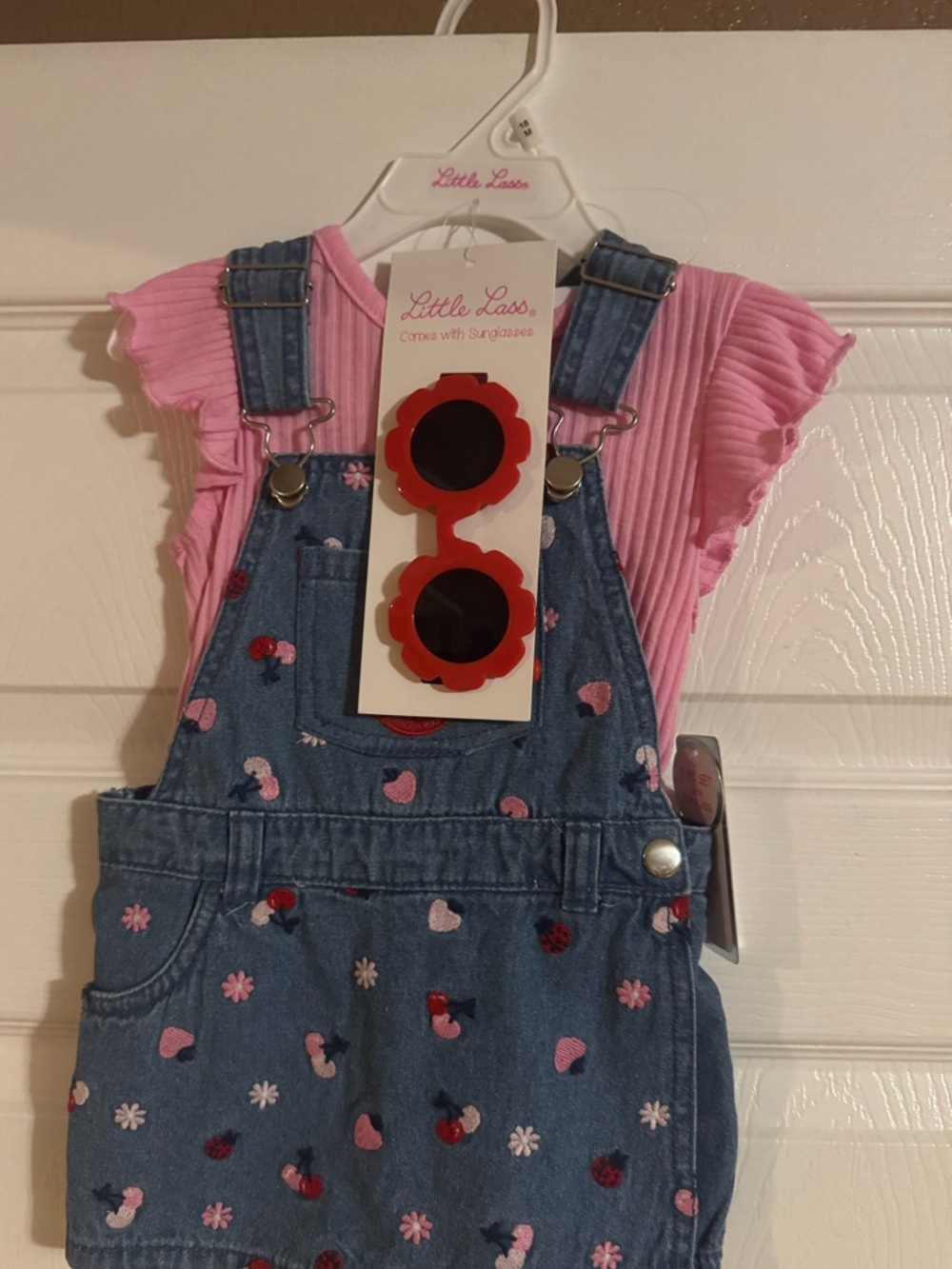 Little Lass Pink Ribbed Tee and Denim Overall Dress with Red Sunglasses